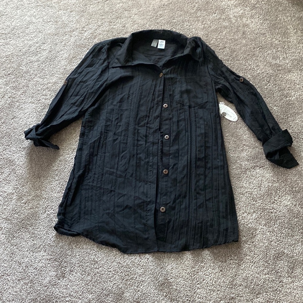 Mynah Black Button Front Shirt Dress Lightweight Roll Tab Sleeve SIZE M
